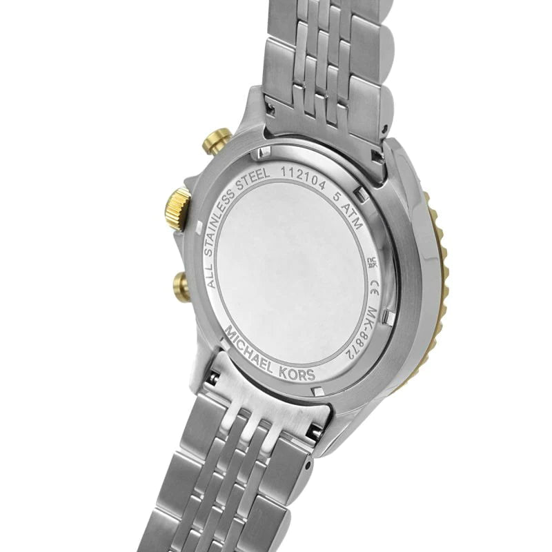 Michael Kors Bayville case back showing stainless steel with text and specifications