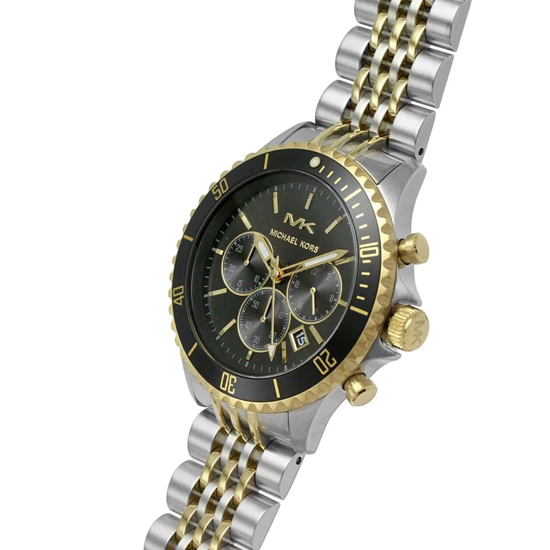 Michael Kors Bayville chronograph watch shown from side with full bracelet visible