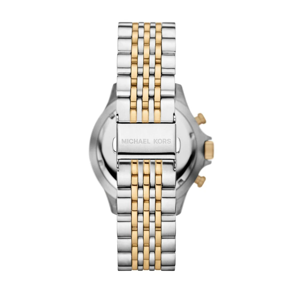 Two-tone stainless steel bracelet with gold and silver links and fold-over clasp