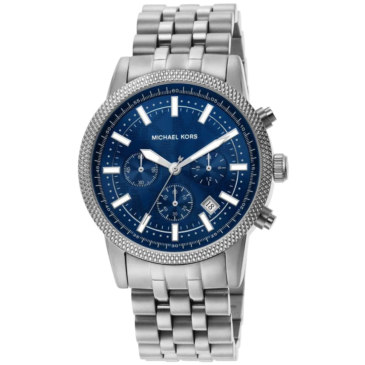 Michael Kors Hutton chronograph with blue dial, three subdials, and silver metal bracelet