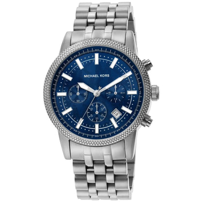 Michael Kors Hutton chronograph with blue dial, three subdials, and silver metal bracelet