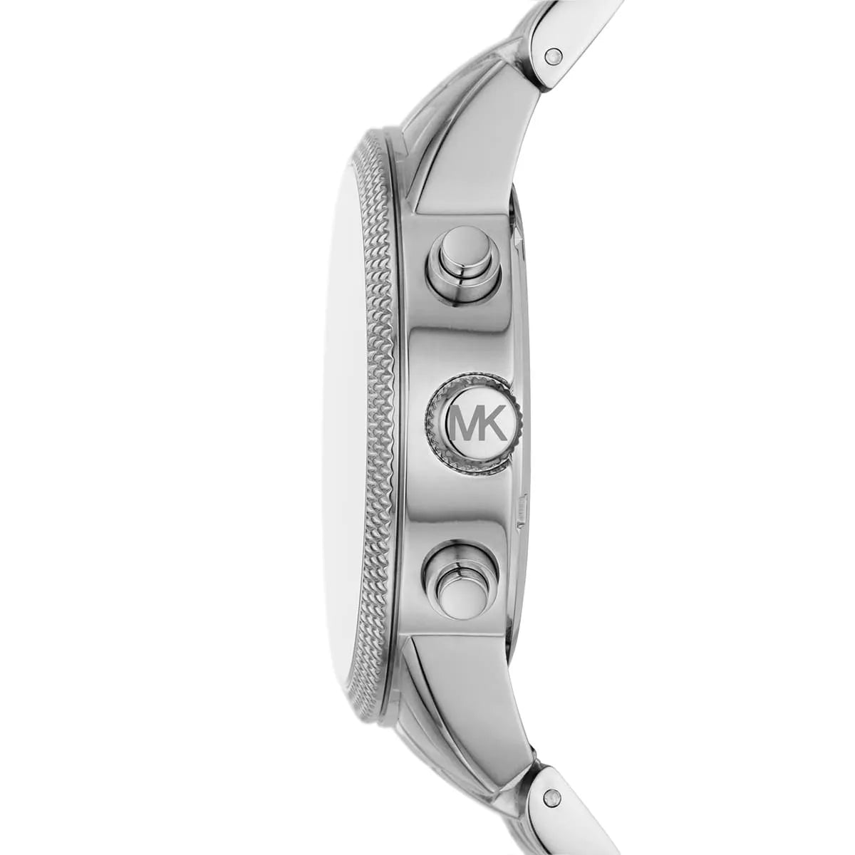 Michael Kors Hutton watch side view showing textured bezel and stainless steel case