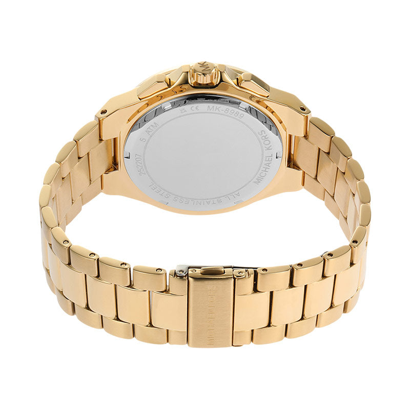 Michael Kors Lennox watch caseback displaying gold bracelet and MK logo