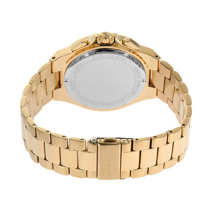 Michael Kors Lennox watch caseback displaying gold bracelet and MK logo