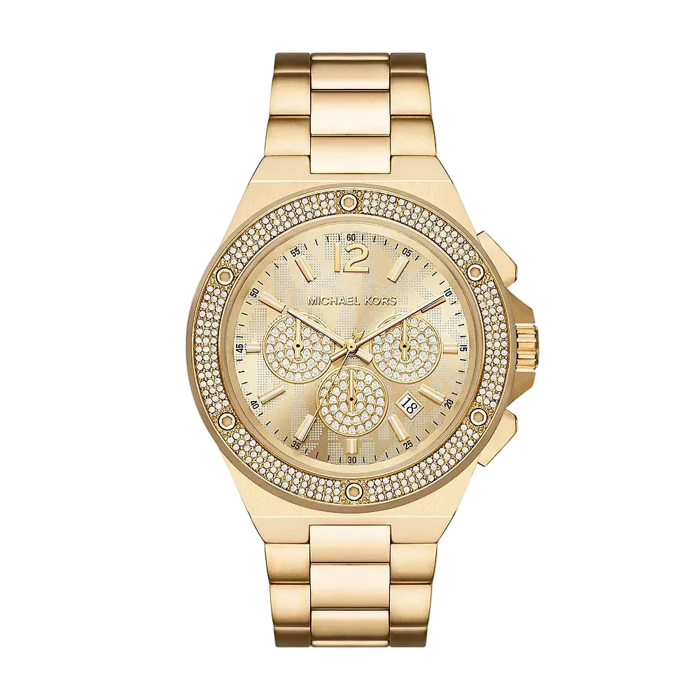 Michael Kors Lennox gold chronograph watch with pavé bezel and three subdials