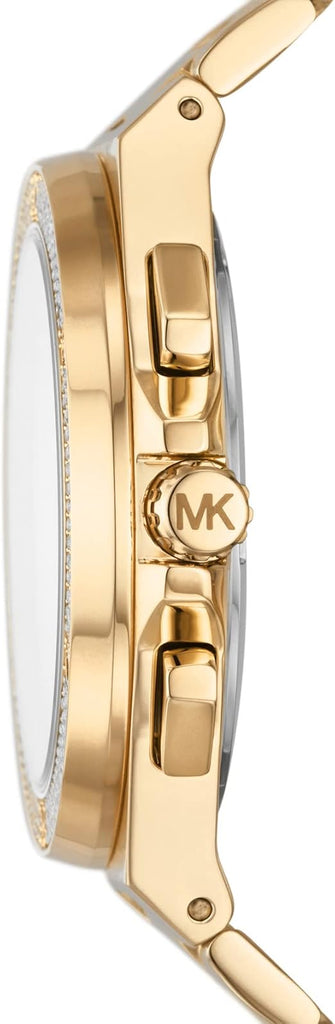 Michael Kors Lennox watch side profile showing gold bracelet and chronograph pushers