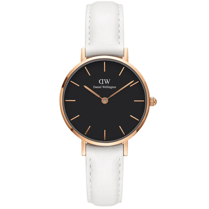 Daniel Wellington Petite 32mm Black Rose Gold Dial White Leather Strap DW00100283