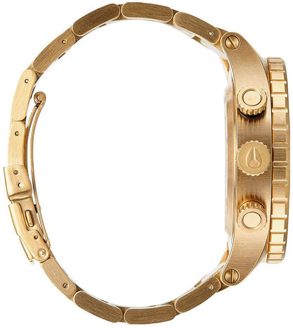 Gold PVD bracelet and side view of Nixon 48-20 Chrono watch with link band