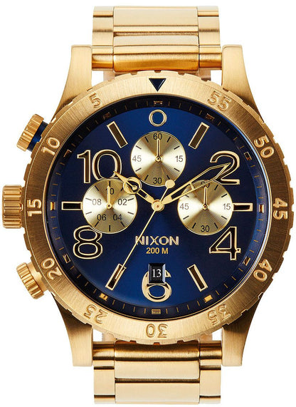Nixon 48-20 Chrono blue dial gold PVD chronograph watch with three subdials and gold link bracelet