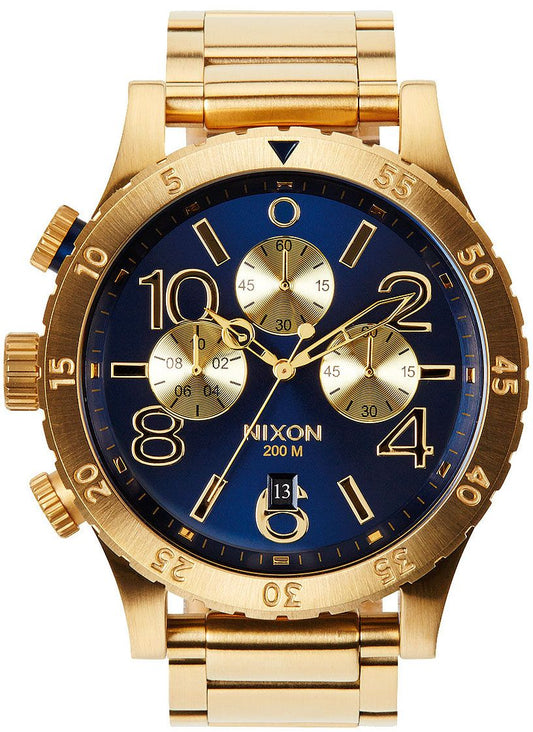 Nixon 48-20 Chrono blue dial gold PVD chronograph watch with three subdials and gold link bracelet