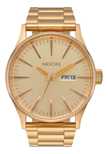 Nixon Sentry A356-502 men's watch with all-gold dial and gold-tone stainless steel bracelet, front view