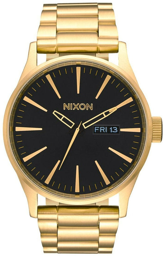 Nixon Sentry black dial gold-tone men's watch with day-date display