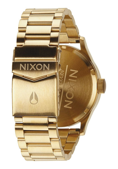 Nixon Sentry caseback view with gold-tone bracelet and crown