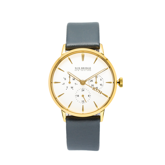 Noxbridge Classic Alcyone gold chronograph watch with white dial and charcoal strap