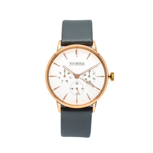 Noxbridge Classic Alcyone rose gold 36mm watch with white dial and dark leather strap