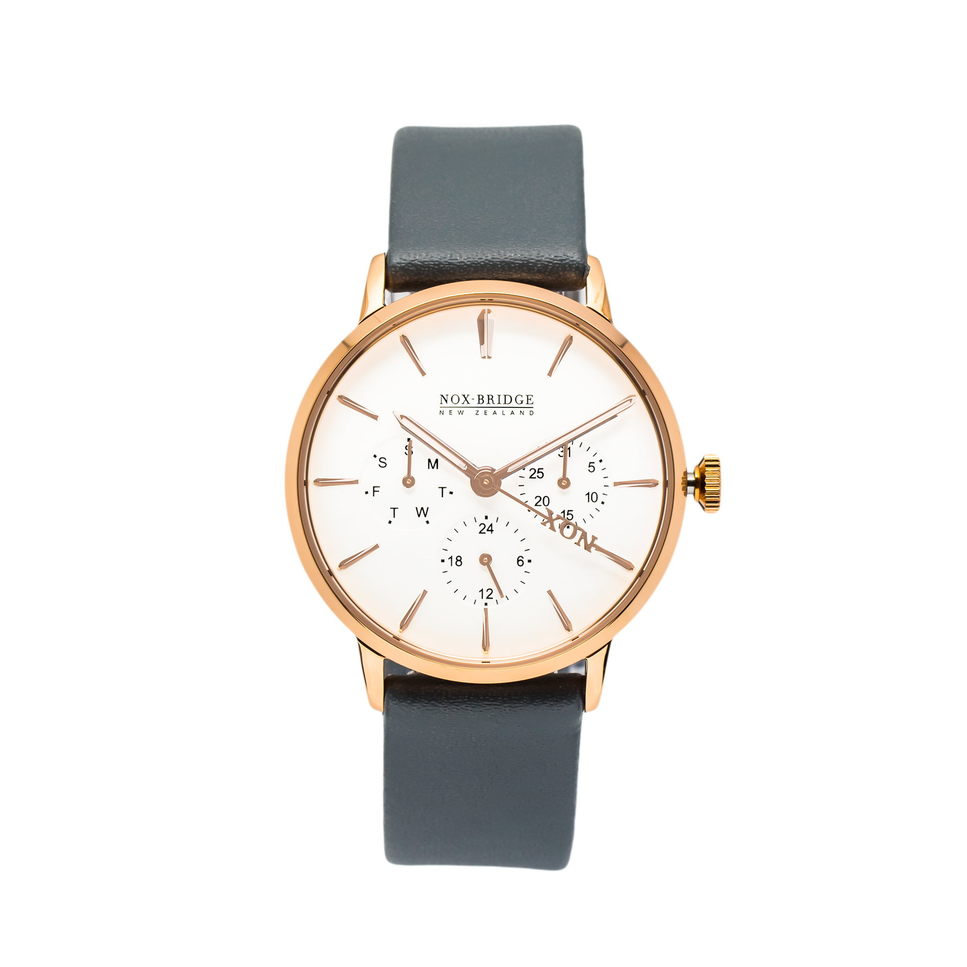 Noxbridge Classic Alcyone rose gold 36mm watch with white dial and dark leather strap