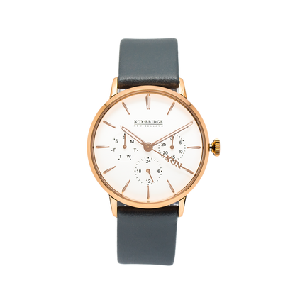 Noxbridge Classic Alcyone rose gold 36mm watch with white dial and dark leather strap