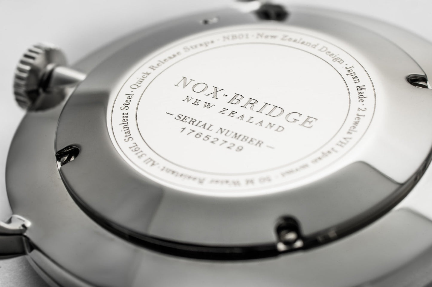 Caseback of Noxbridge Alcyone watch showing serial number and New Zealand branding