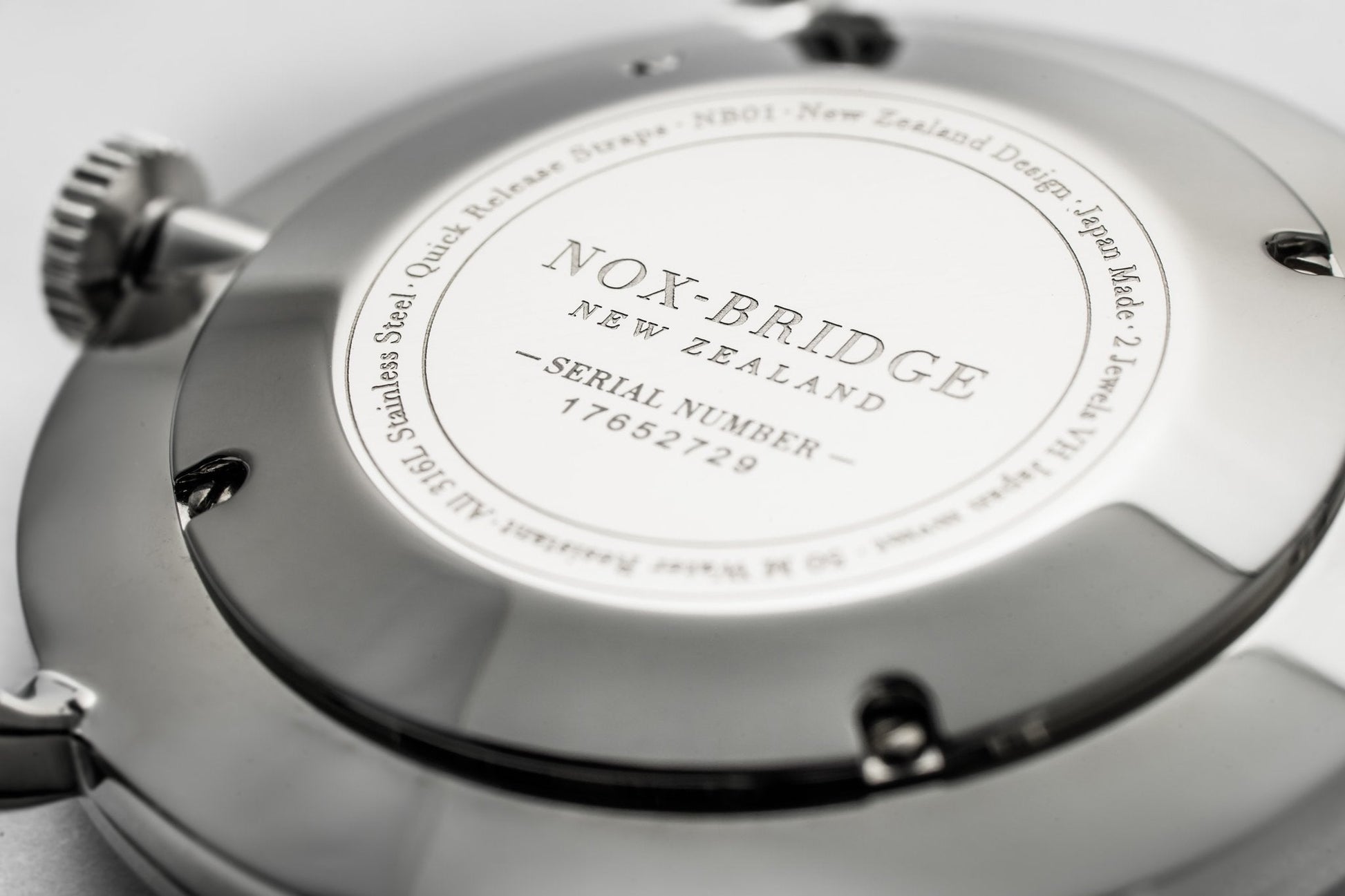 Caseback of Noxbridge Alcyone watch showing serial number and New Zealand branding