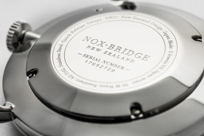Caseback of Noxbridge Alcyone watch showing serial number and New Zealand branding
