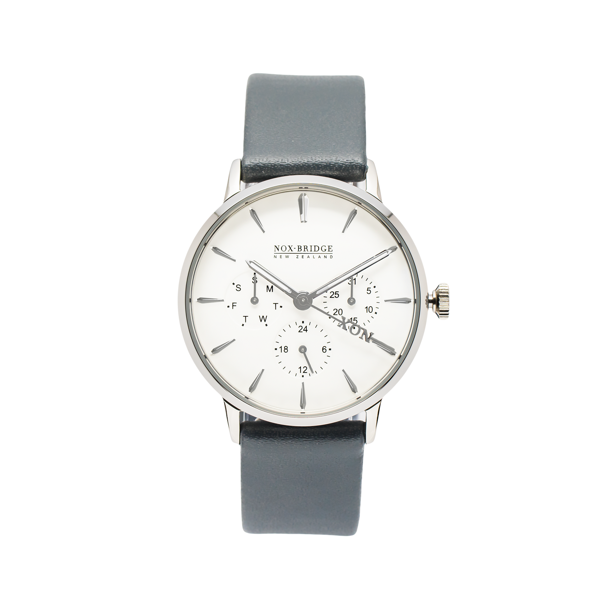 Noxbridge Classic Alcyone silver 36MM watch with white dial and gray strap