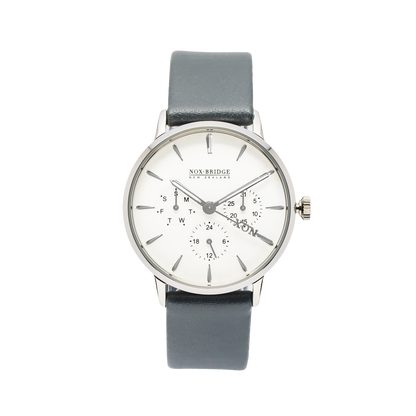 Noxbridge Classic Alcyone silver 36MM watch with white dial and gray strap