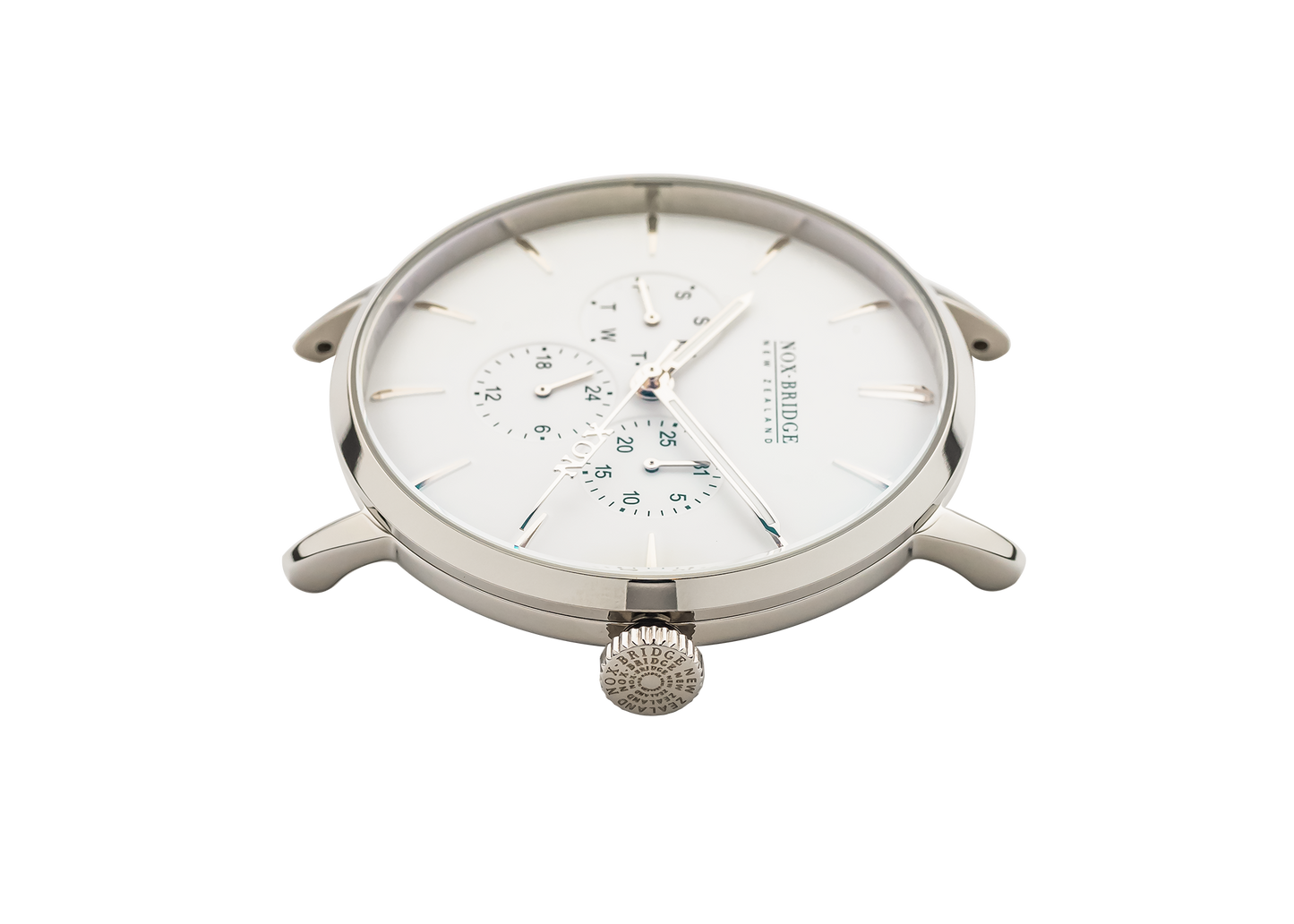 Noxbridge Alcyone 36MM watch from angled perspective showing case and dial details