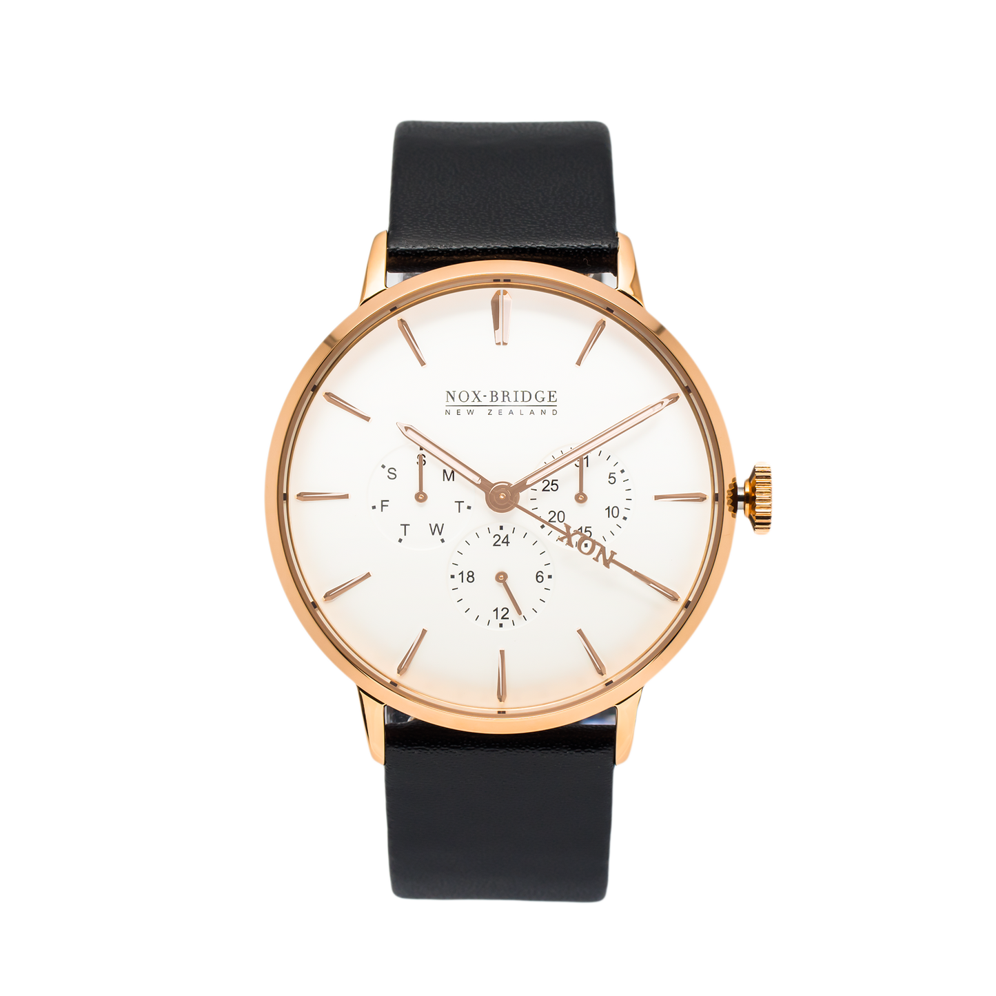 Noxbridge Classic Capella rose gold 41mm watch with cream dial, chronograph subdials, and black leather strap
