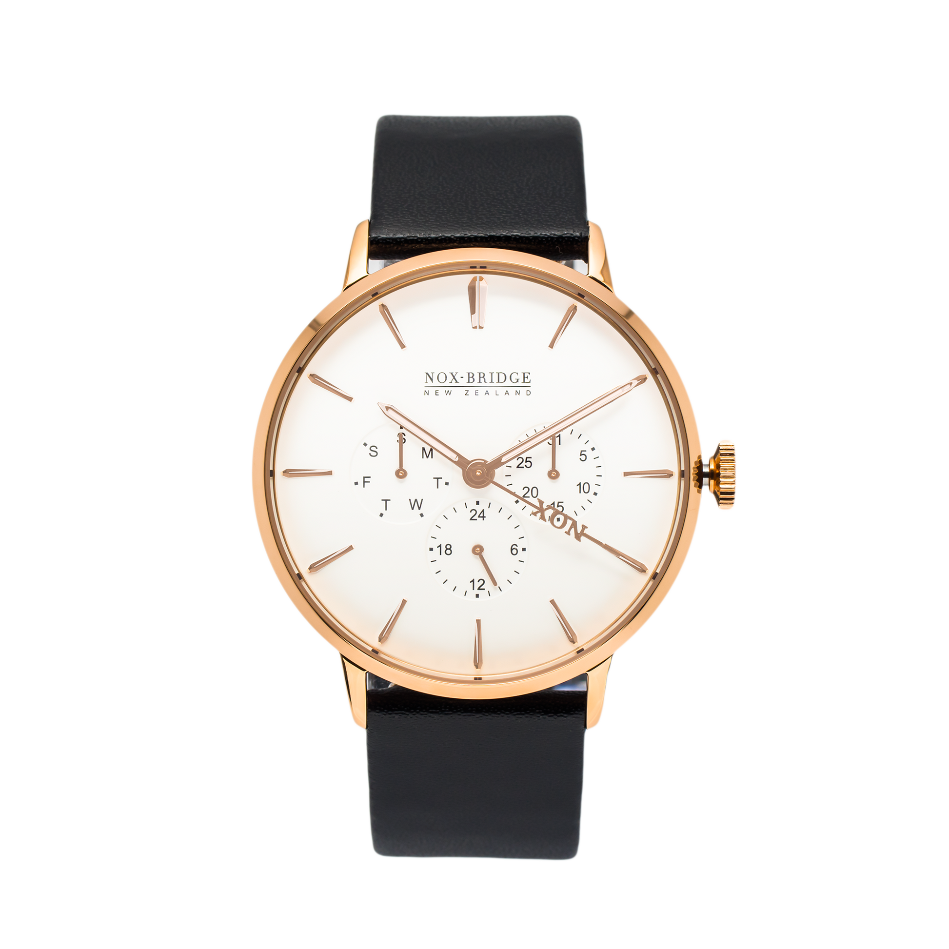 Noxbridge Classic Capella rose gold 41mm watch with cream dial, chronograph subdials, and black leather strap
