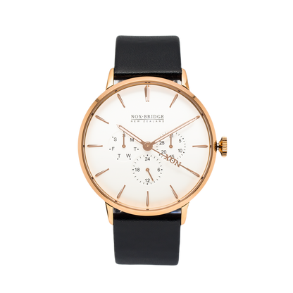 Noxbridge Classic Capella rose gold 41mm watch with cream dial, chronograph subdials, and black leather strap