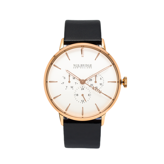 Noxbridge Classic Capella rose gold 41mm watch with cream dial, chronograph subdials, and black leather strap