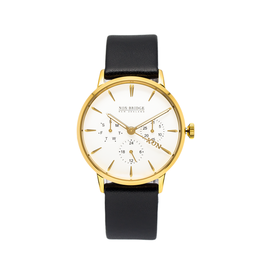 Noxbridge Classic Capella gold 36MM watch with white dial and black leather strap