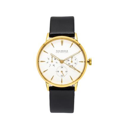 Noxbridge Classic Capella gold 36MM watch with white dial and black leather strap