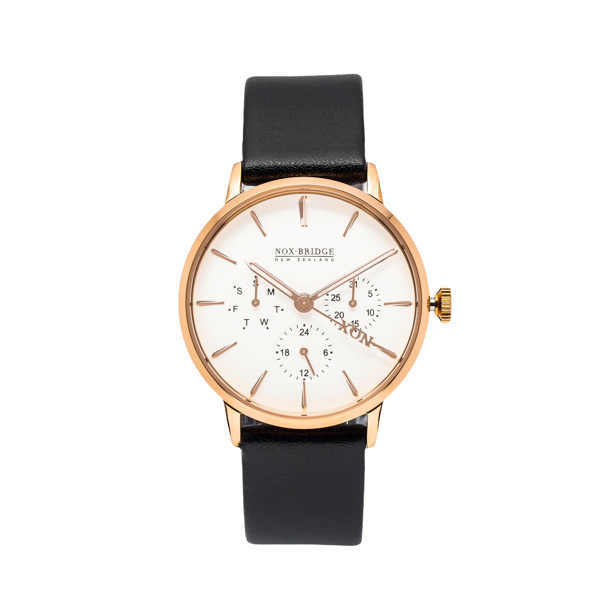 Noxbridge Classic Capella rose gold 36MM chronograph watch with white dial and black leather strap