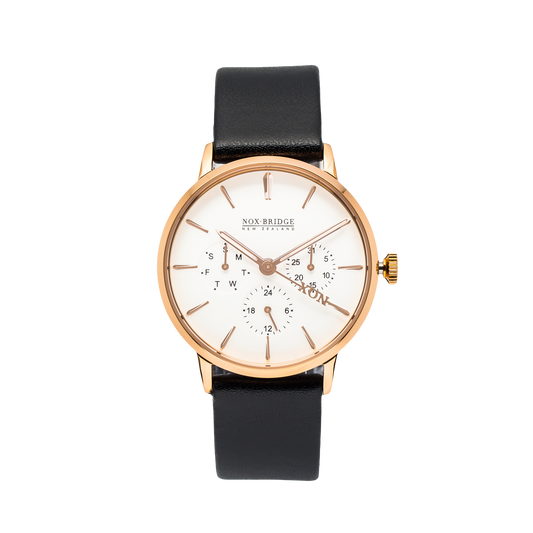 Noxbridge Classic Capella rose gold 36MM chronograph watch with white dial and black leather strap