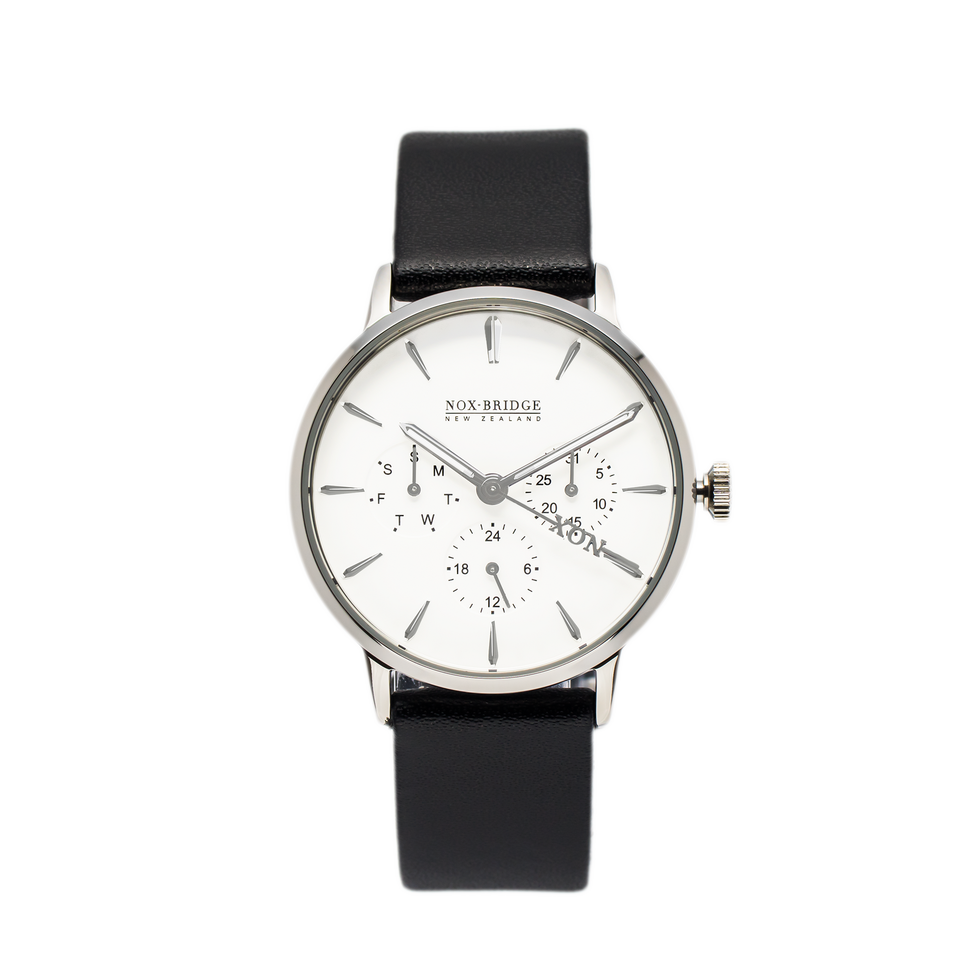 Noxbridge Classic Capella Silver 36MM watch with white dial and black leather strap