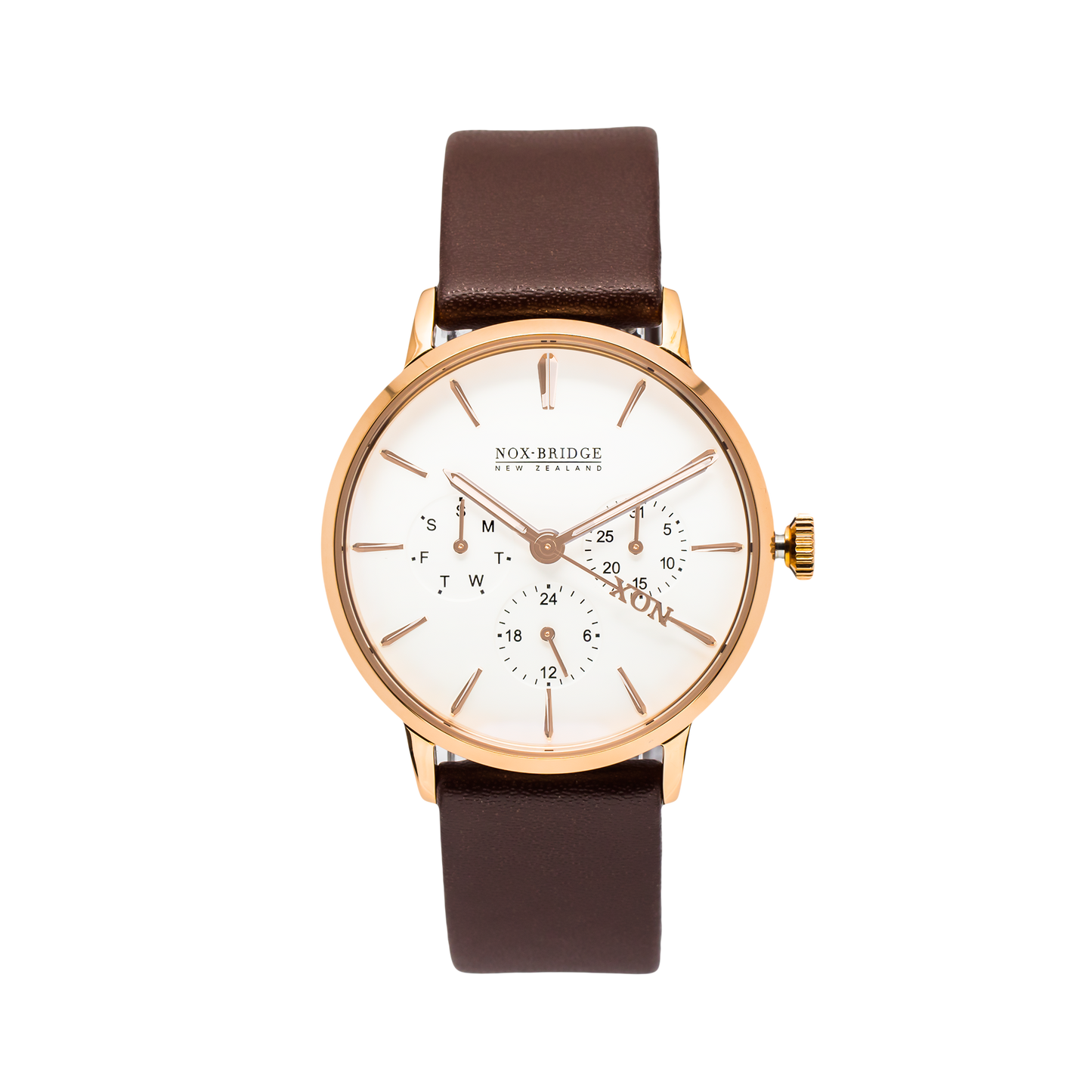 Noxbridge Classic Izar rose gold 36MM watch with white chronograph dial and brown leather strap
