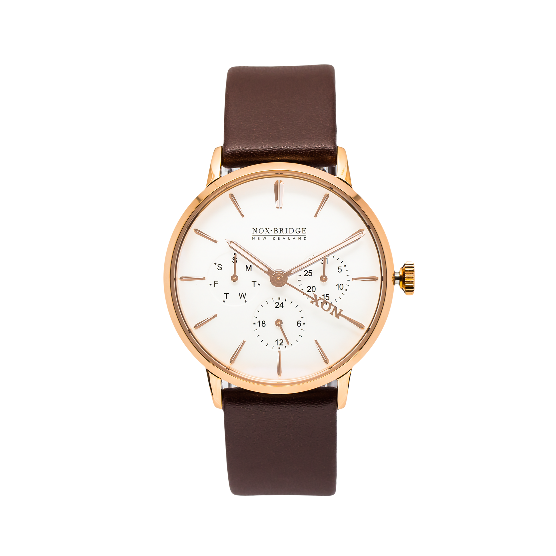 Noxbridge Classic Izar rose gold 36MM watch with white chronograph dial and brown leather strap