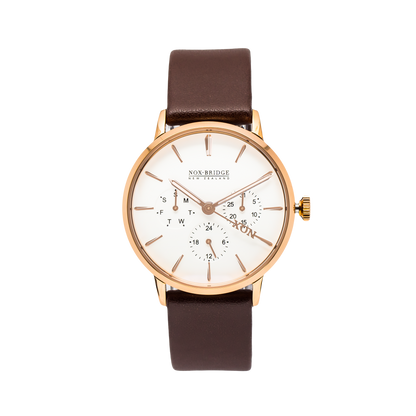 Noxbridge Classic Izar rose gold 36MM watch with white chronograph dial and brown leather strap