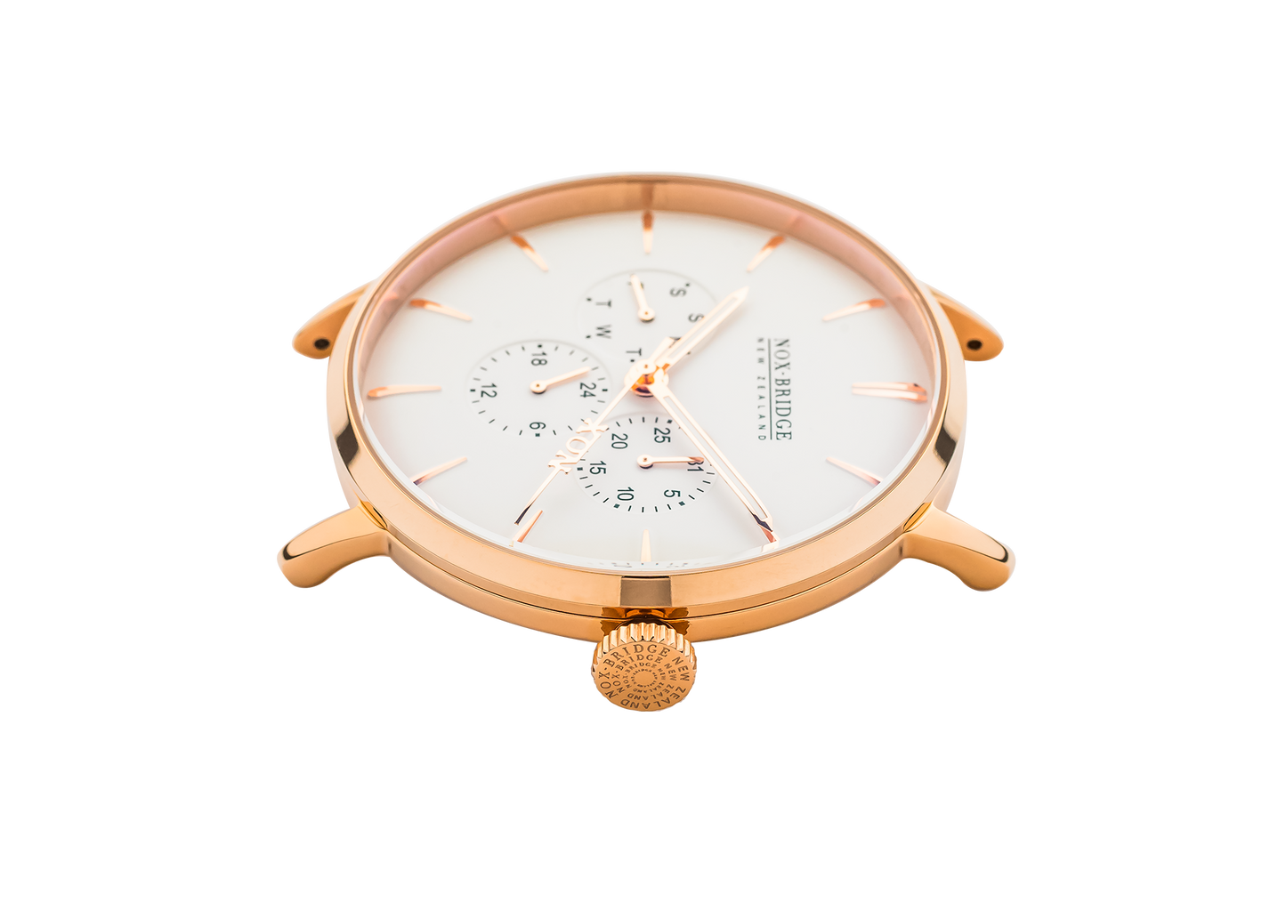 Angled view of Noxbridge Classic Izar rose gold watch showing full case and dial