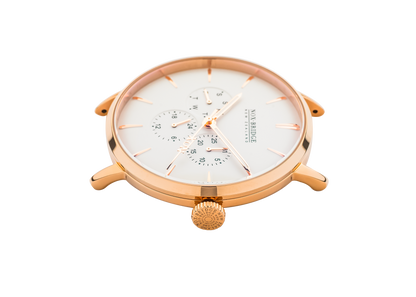 Angled view of Noxbridge Classic Izar rose gold watch showing full case and dial