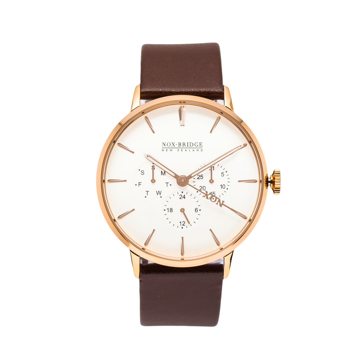 Noxbridge Classic Izar rose gold 41mm watch with cream dial and brown leather strap