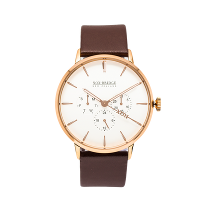 Noxbridge Classic Izar rose gold 41mm watch with cream dial and brown leather strap