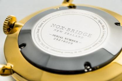Caseback of Noxbridge Meissa MG36 showing engraved serial number and specifications