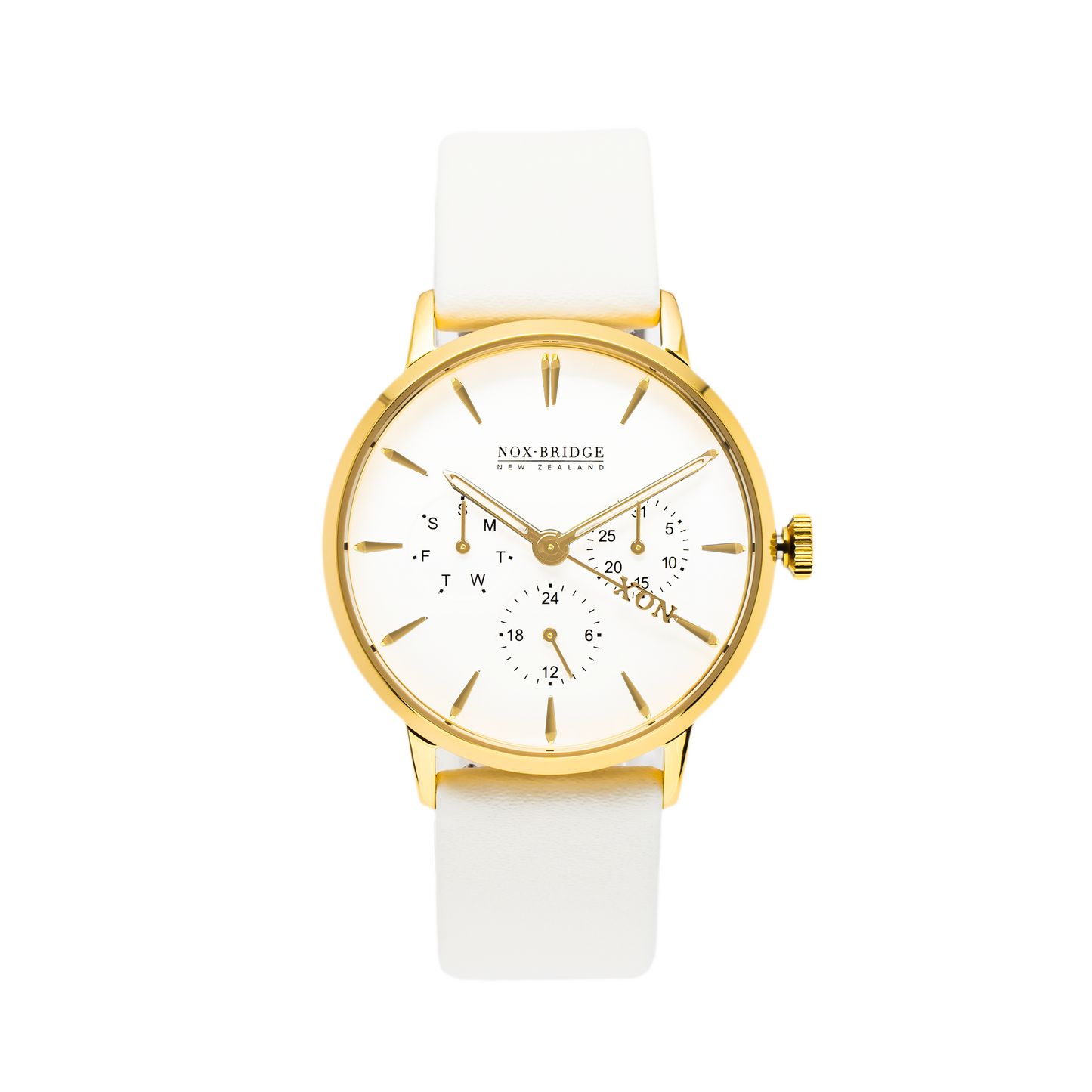 Noxbridge Classic Meissa 36mm gold chronograph watch with white dial and gold plated case