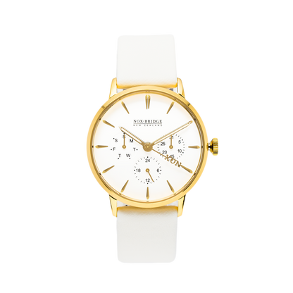Noxbridge Classic Meissa 36mm gold chronograph watch with white dial and gold plated case