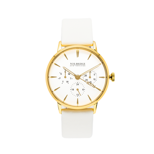 Noxbridge Classic Meissa 36mm gold chronograph watch with white dial and gold plated case