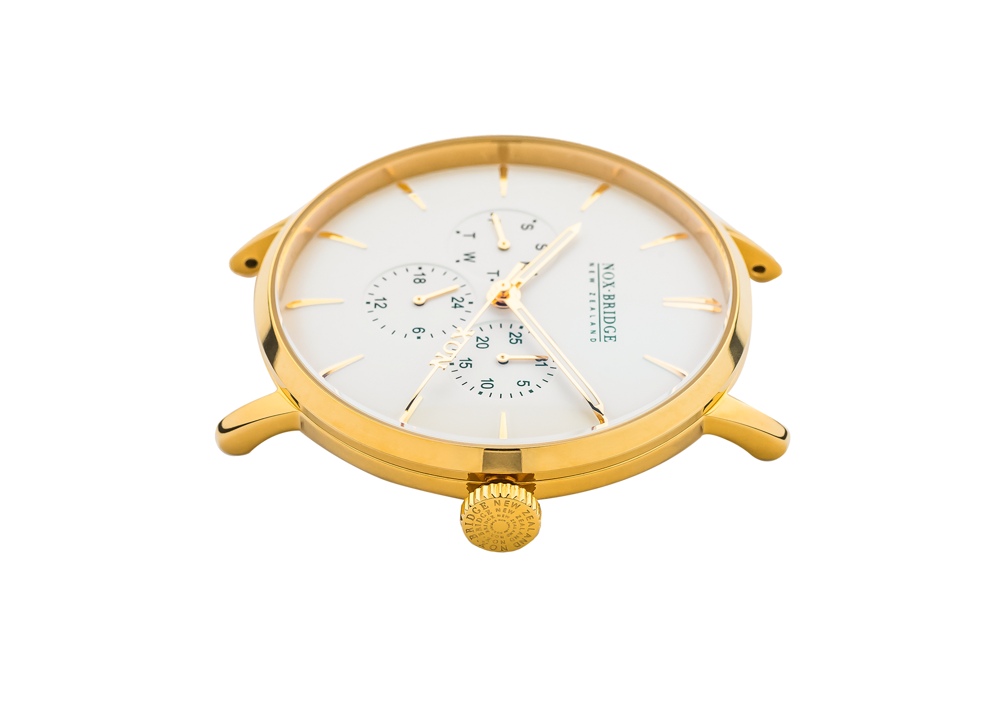 Angled view of Noxbridge Meissa 36mm gold chronograph with white dial and dual sub-dials
