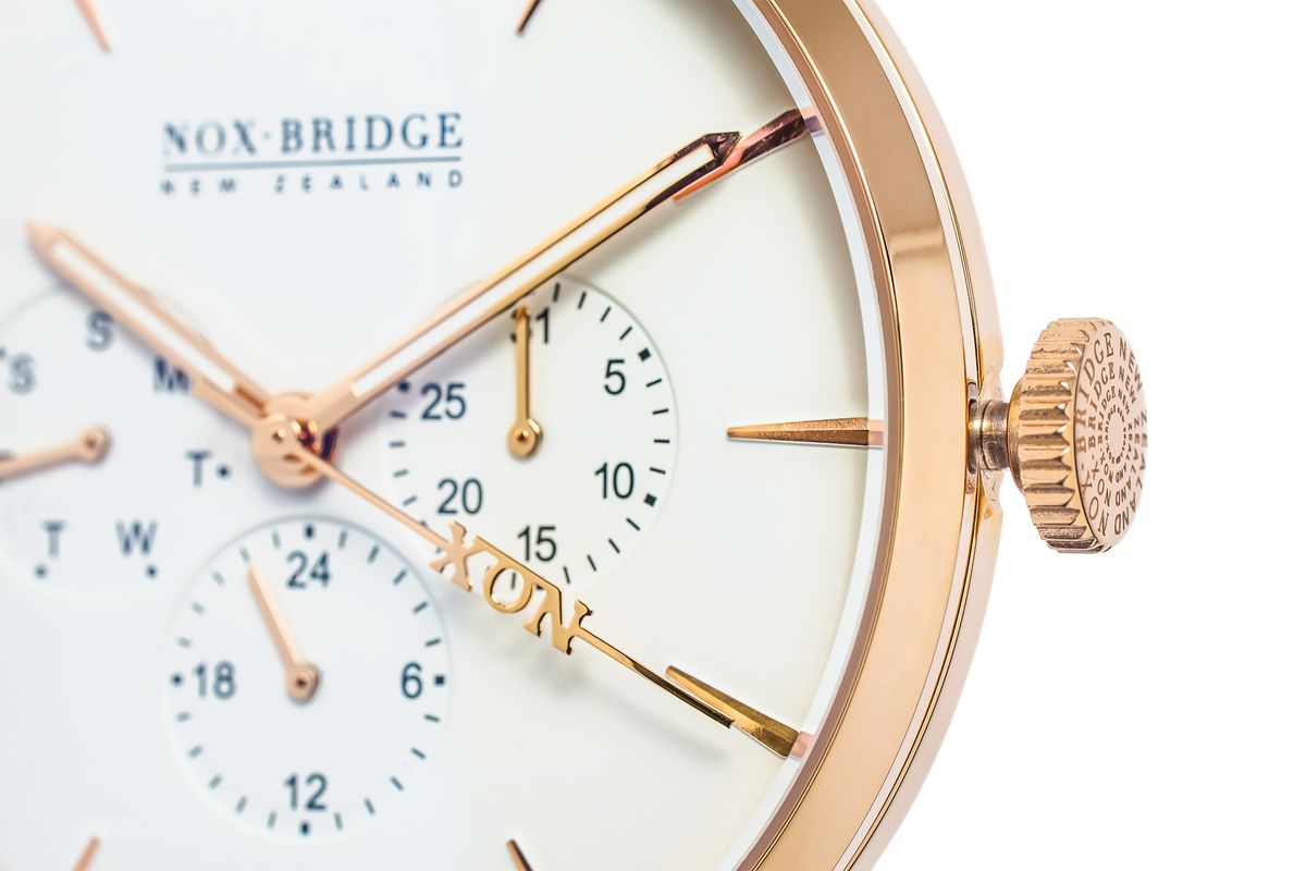 Noxbridge Classic Meissa rose gold watch side view showing rose gold case and chronograph crown