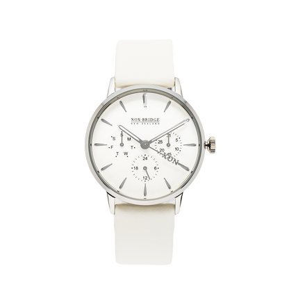 Noxbridge Classic Meissa silver 36mm watch with white dial and cream leather strap